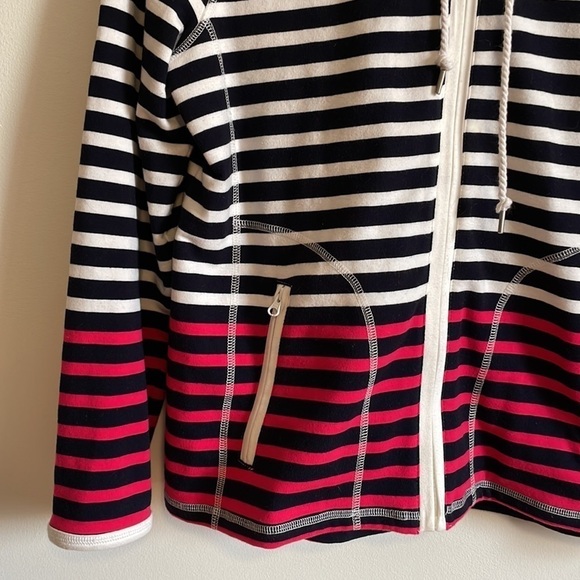 Talbots Striped Hooded Sweatshirt Large Petite Long Sleeve Blue Pink Pockets - Picture 3 of 13